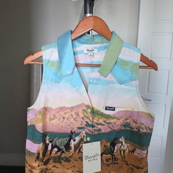 Wrangler Retro Americana Sleeveless Western Snap Shirt Blue Pink Size M NWT - Picture 2 of 6